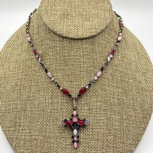 Vintage Sorrelli Cross Necklace Pink Red Crystal 14.5"